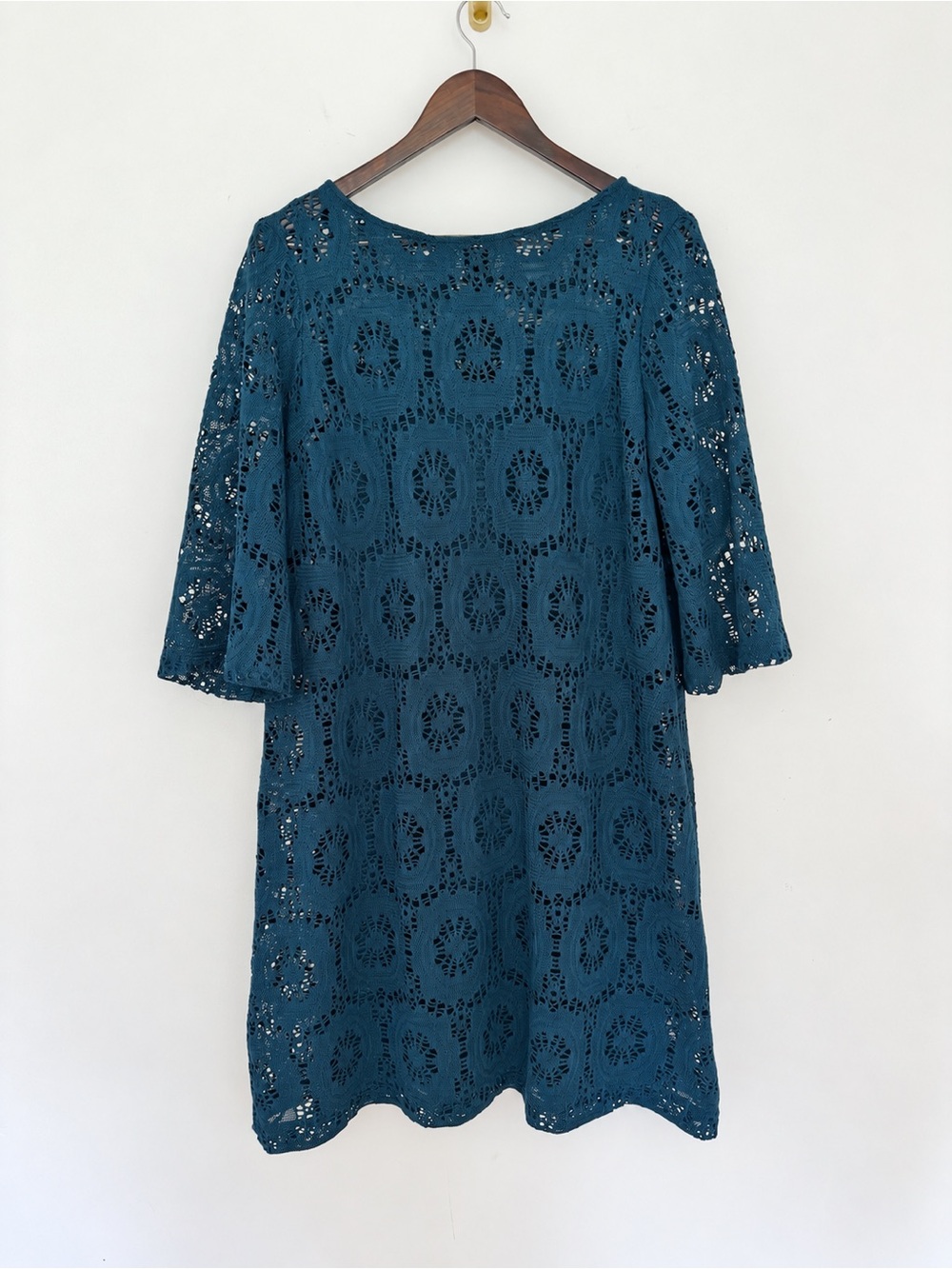 Chico’s teal crochet lace shift dress size 3 XL lined boho 3/4 sleeves
